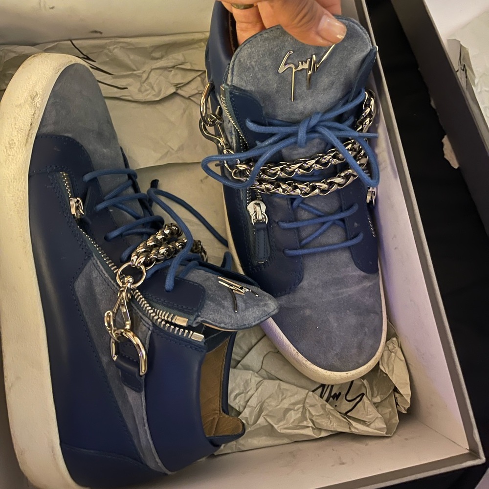 Worn Giuseppe Zanotti Blue Suede Shoes with Silver Chains